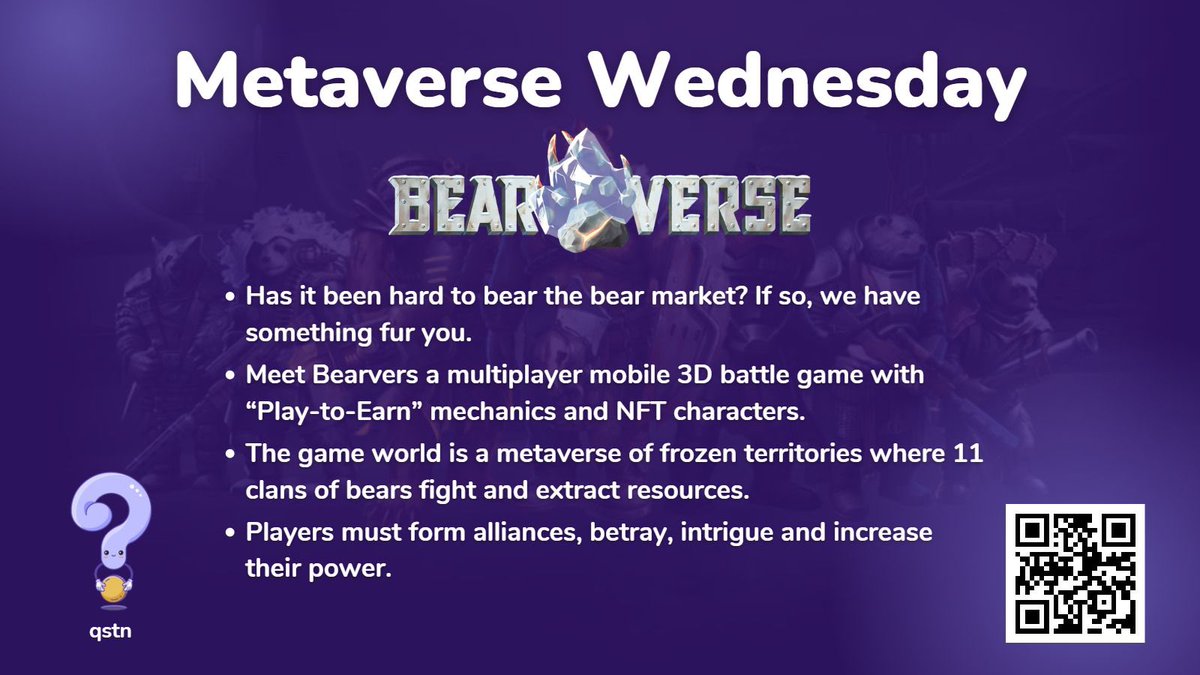 💜 #Metaverse Wednesday 💜 

Hard to bear the market? If so, we have something fur you.. 🐻 

Meet <a href="/BearverseGame/">Bearverse</a> a 3D game with “Play-to-Earn” mechanics and #NFT characters 👀 

Players must form alliances, betray, intrigue and increase their power 🤑 

bearverse.com