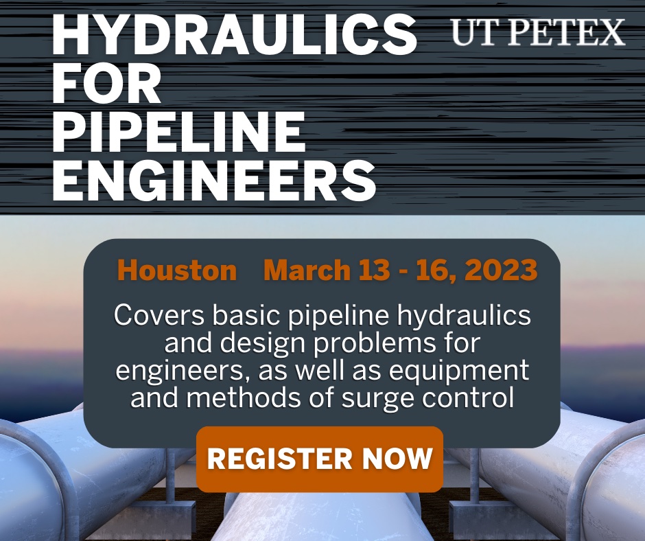 UTPETEX's tweet image. Advance your skills w/ our #Hydraulics for #PipelineEngineers course. This comprehensive program hosted in Houston is worth 3 #CEUs and may assist in meeting your requirements for the DOT Operator Certification. Find out more info: okt.to/KAz6Pn
#oilandgas #pipeline
