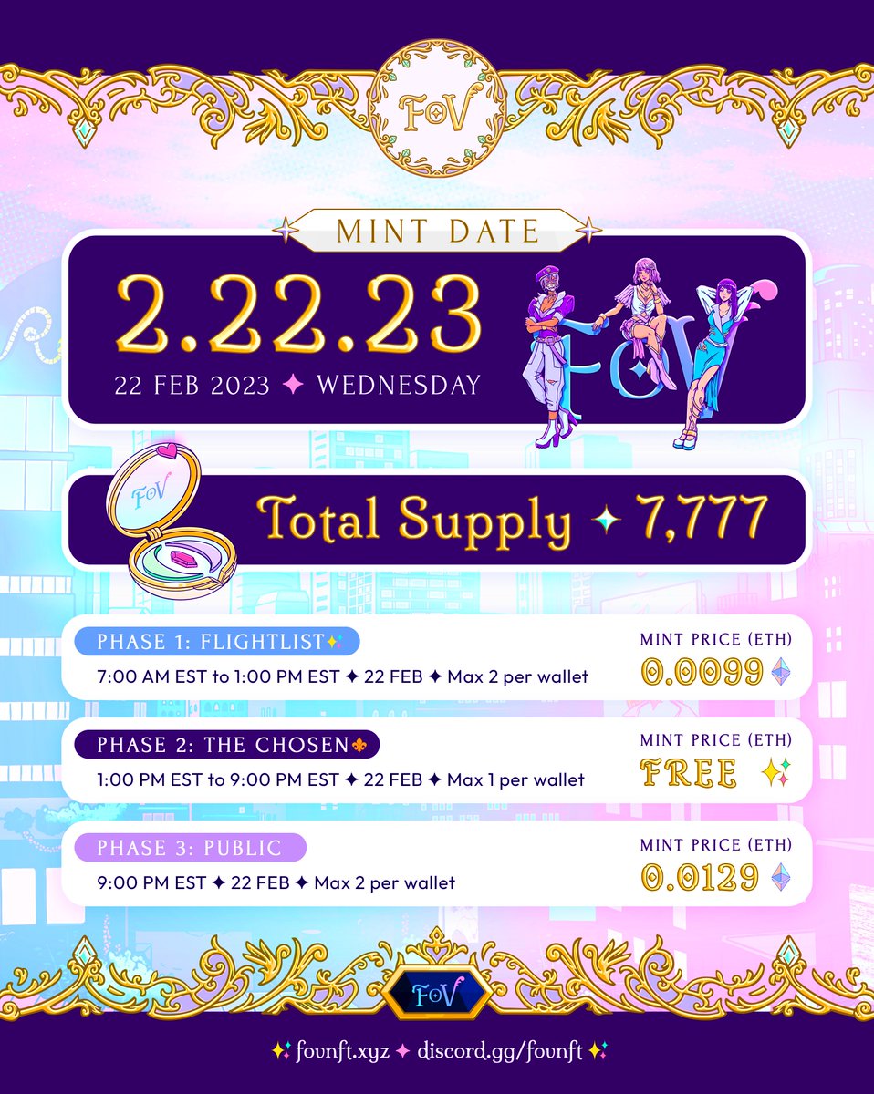 Angels, listen up!✨The wait is finally over. After more than a year of building quietly yet relentlessly, FOV is minting on the 22nd of February!

❣️ Total Supply - 7777
✨ Flightlist - 6700 (0.0099e)
⚜️ The Chosen - 777 (FREE MINT)
🔒 Team Vault - 300

🗓️ Mint date: 22 FEB 2023