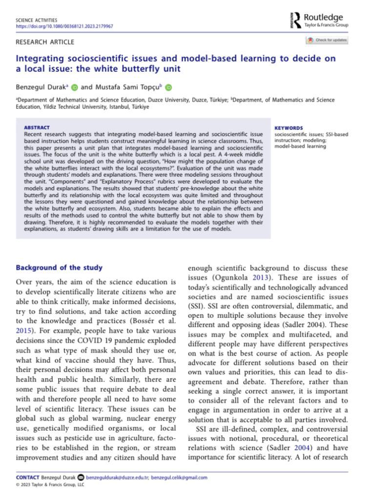 Öncelikle hepimize geçmiş olsun. Sağlık, huzur ve sabırlar diliyorum. Sizlerle lokal bir Sosyobilimsel konu olan Düzce beyaz kelebeklerini içeren etkinliğimizi “Science Activities” dergisi üzerinden paylaşmak istiyorum. #SSI #SBK
tandfonline.com/doi/full/10.10…