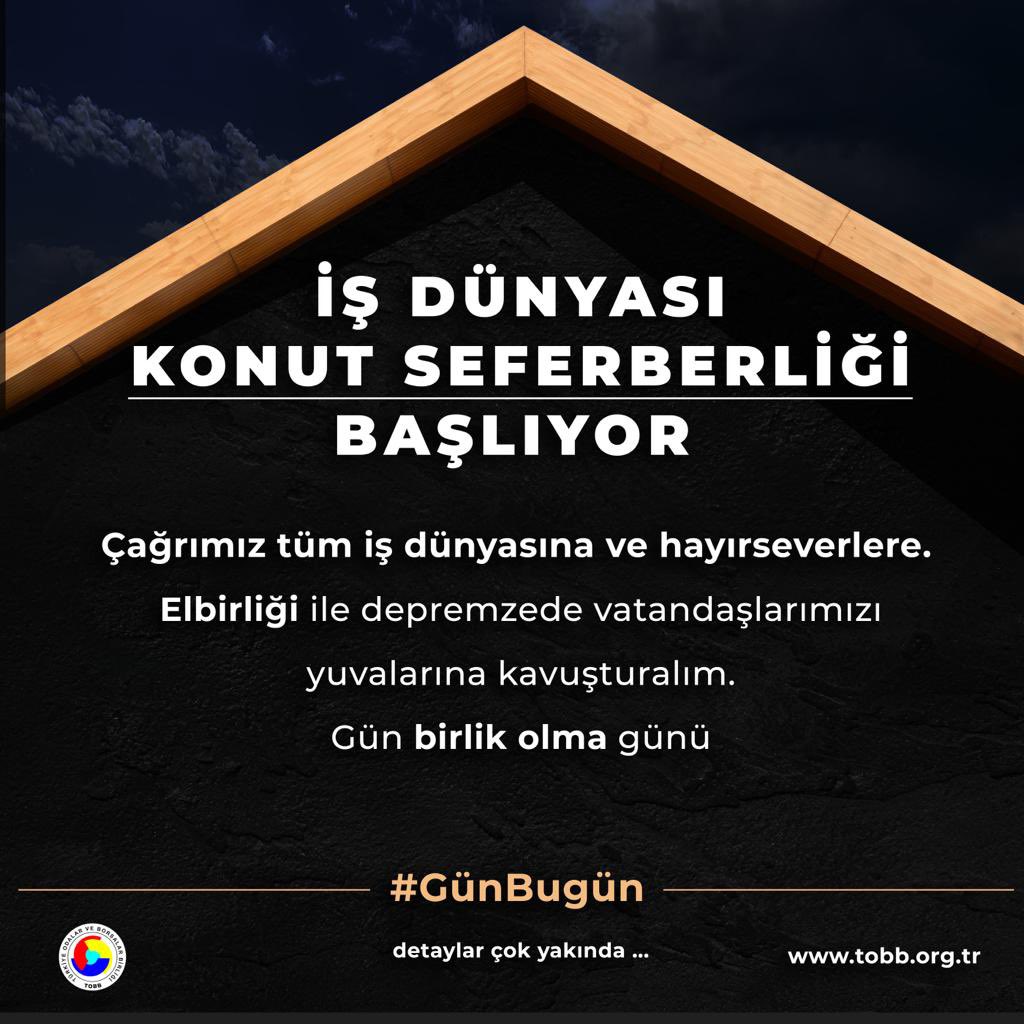 İŞ DÜNYASI KONUT SEFERBERLİĞİ

Çağrımız tüm iş dünyasına ve hayırseverlere.

Elbirliği ile depremzede vatandaşlarımızı yuvalarına kavuşturalım.

Konut seferberliğinin detaylarını çok yakında açıklayacağız.

Gün birlik olma günü.

#GünBugün