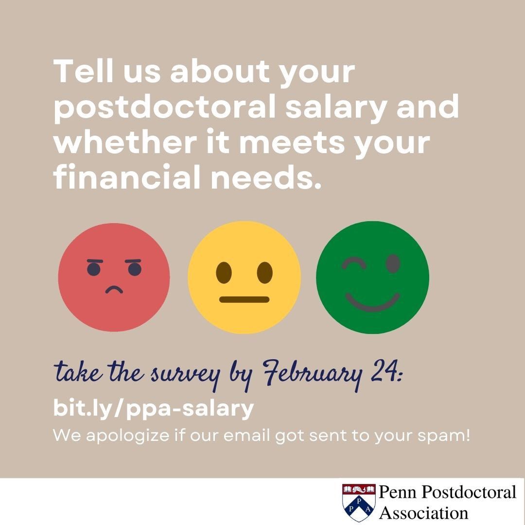 PennPPA's tweet photo. Hi #PennPostdocs!
We look forward to your responses to this quick and important survey on Postdoc salary by Friday-
Survey link:
https://t.co/CHev4AAdqG
#PostdocSalary #Postdoclife #TimeforChange #PPA https://t.co/J2xdfab2Gq
