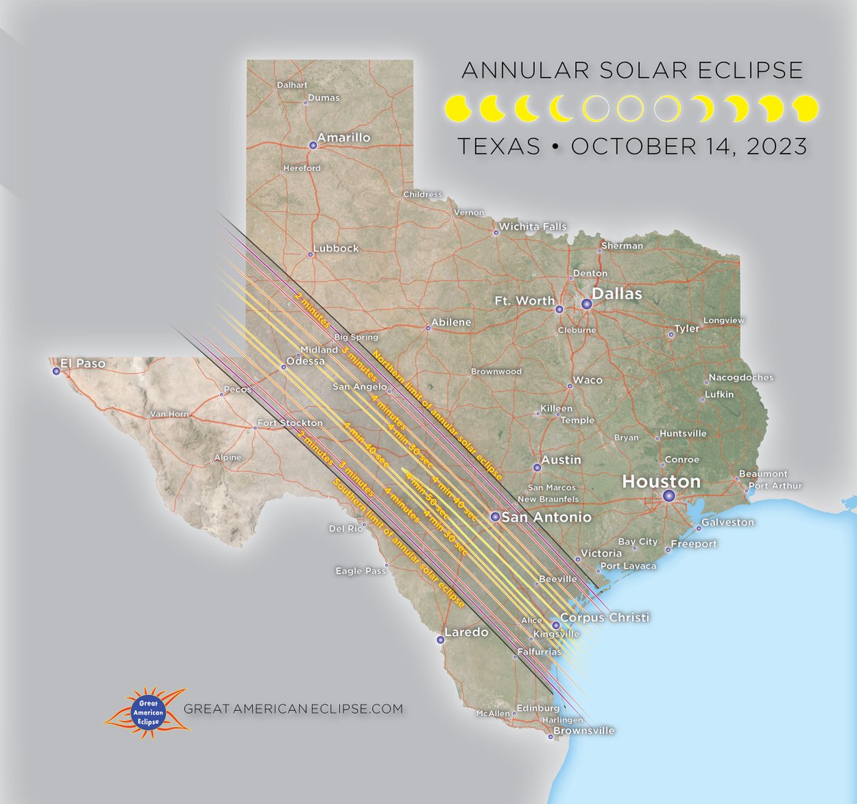 AmericanEclipse's tweet photo. Texas gets two fabulous solar eclipses! First is the annular solar eclipse of October 14, 2023. Next is the total solar eclipse of April 8, 2024. Will you be in Texas?
More maps at https://t.co/HMf1aJcZ7g
#eclipse2023 #eclipse2024 #txeclipse #texaseclipse #texashillcountry #AASeclipse #solareclipse