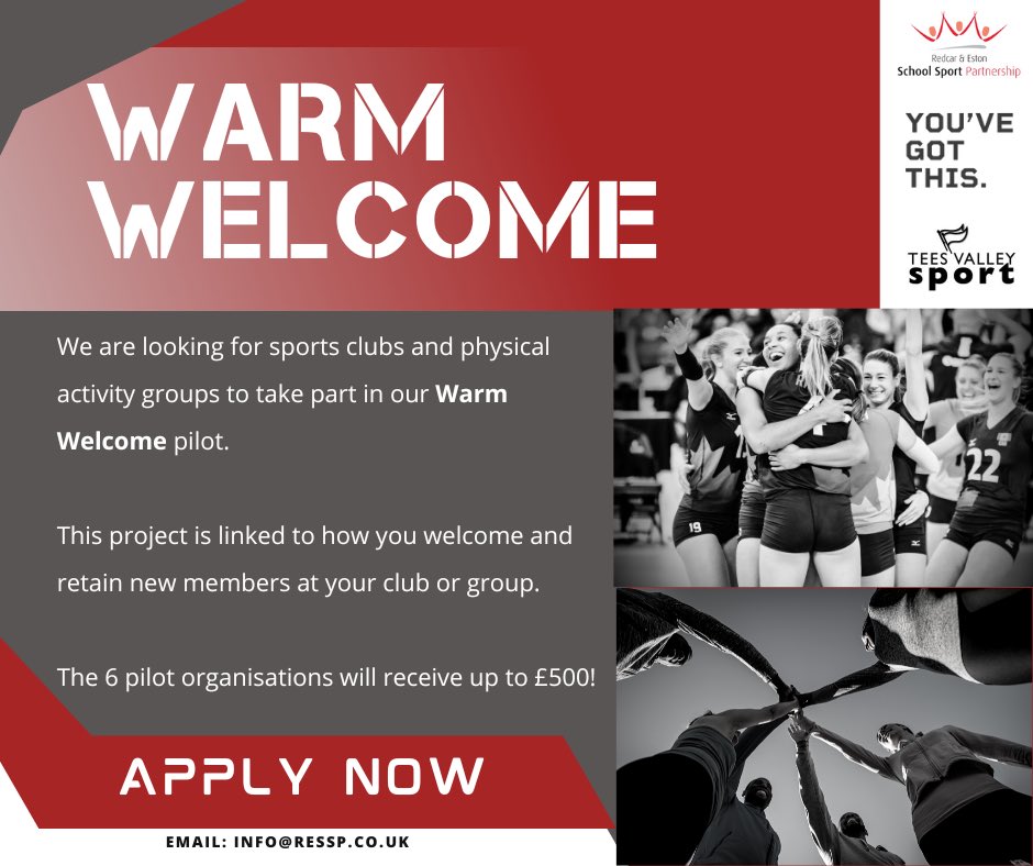 We are looking for sport and physical activity groups and clubs from across Middlesbrough and Redcar & Cleveland to take part in our Warm Welcome project pilot. Contact us if you are interested via info@ressp.co.uk @TeesValleySport @ygtmovement