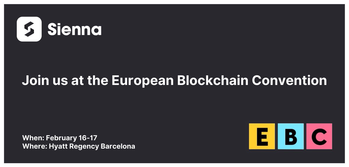 We will be in attendance at this year's <a href="/EBlockchainCon/">European Blockchain Convention</a> 🇪🇸 

Join us February 16-17 to learn more about #SiennaSwap, #SiennaLend, and #SiennaLaunch (the #IBC launchpad)🔥 🚀

🎟️ For tickets: eblockchainconvention.com

See you there 💙

#DeFi #EBC23 #IBCGang 

#SIENNA $SCRT