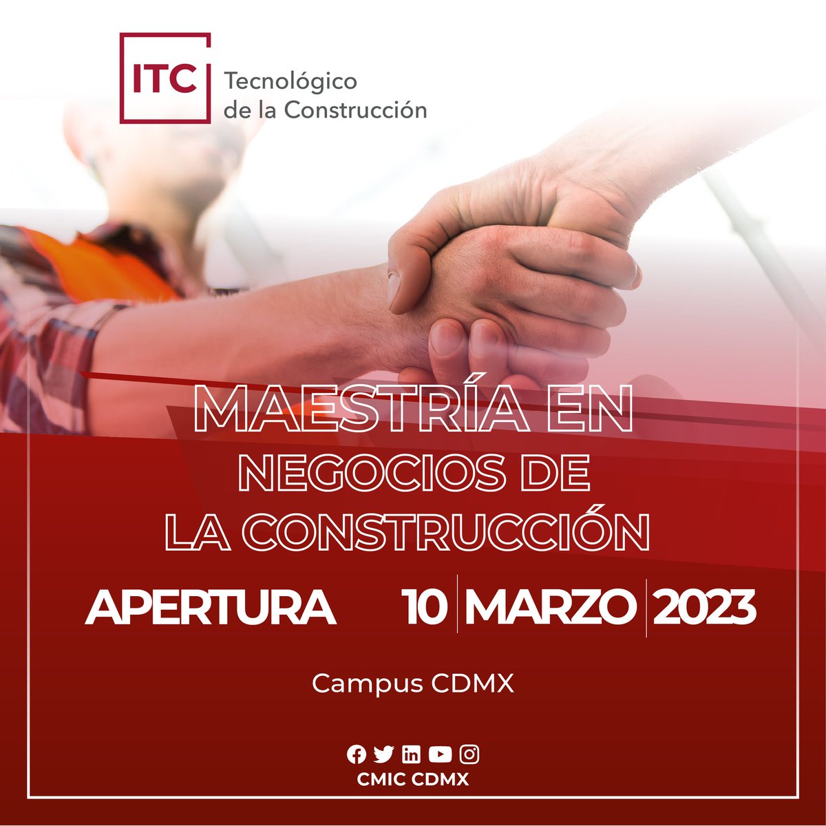 cmicnacional's tweet photo. El 10 de marzo @ComunidadITC  incia con #Maestrías
El ITC es tu mejor opción especializada en el sector de la construcción🏗
¡Contáctanos y no te quedes fuera!
📧promocionitccdmx@itc-ac.edu.mx
📞55 5668 0787 ext 102 / 105 / 5
#CampusCDMX https://t.co/iXMCPWEmvQ