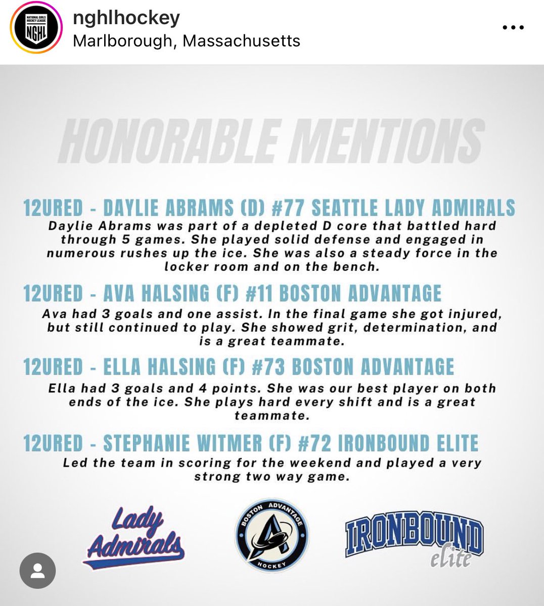 LadyAdmirals's tweet photo. Congrats to 12U Lady Admiral Daylie Abrams for her Top Performer Honorable Mention at the @nghlhockey Futures Championship! 👏🏽 #GrowTheGame #PlayLikeAGirl https://t.co/IMoBUX4SGN