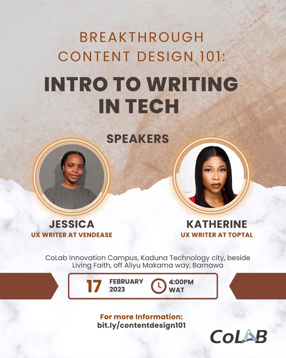 On Friday at 4pm, we would be having 2 amazing women <a href="/JessicaPraise5/">Jess is chasing passion</a> and <a href="/thekatcopy/">Kat</a> speak to us about their UX writing journeys and how you can start your own. You can register here: bit.ly/contentdesign1…

Venue: Kaduna Technology City

See you there!