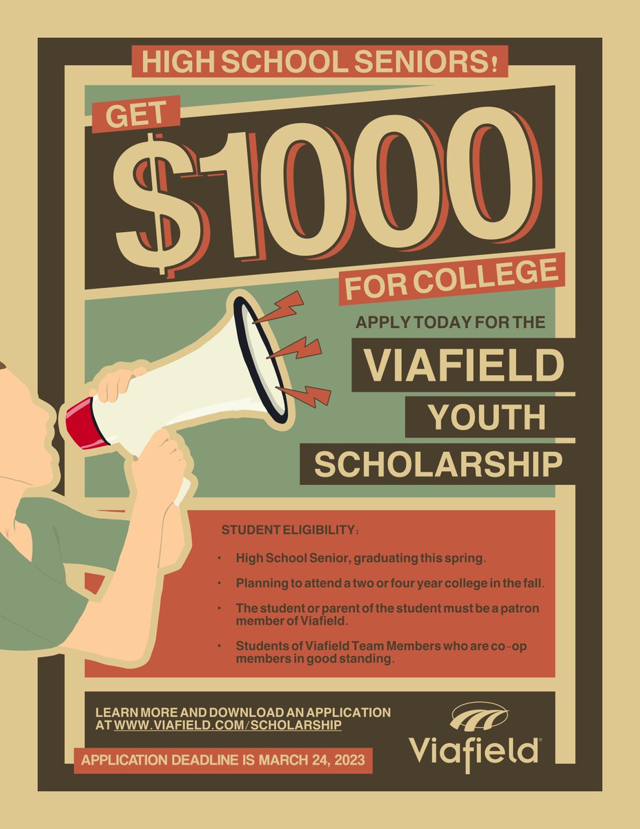 Viafield's tweet photo. HIGH SCHOOL SENIORS!! Once again this year we will be awarding 6 high school seniors w/ a $1000 scholarship. New this year, students no longer must be pursuing an agricultural related degree. Any future degree path is now eligible. Get an application at https://t.co/7PlKAVWxNe https://t.co/zA3ciL6Ogt