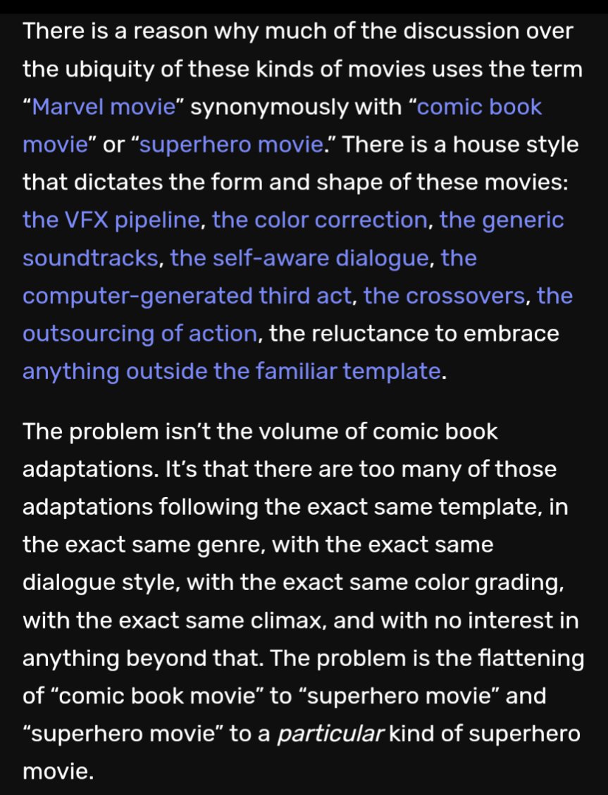 memilies's tweet photo. can I point everyone who thinks this thread has a good point (it does not) to @Darren_Mooney's excellent article about the disingenuous defensiveness mcu fans have about the growing hostility to superhero movies. https://t.co/rdIKrsc3jc https://t.co/DISEWaPwov
