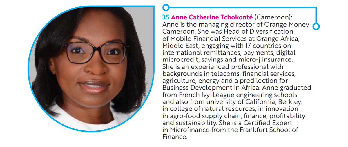 The 100 #WomenInFinTech 👇👇

35 <a href="/AnneTchokonte/">Anne Catherine Tchokonté</a> (Cameroon): Anne is the managing director of Orange Money Cameroon. She is an experienced professional with backgrounds in telecoms, financial services, agriculture, and energy.

#LevelOneProject | bit.ly/3WExeFk