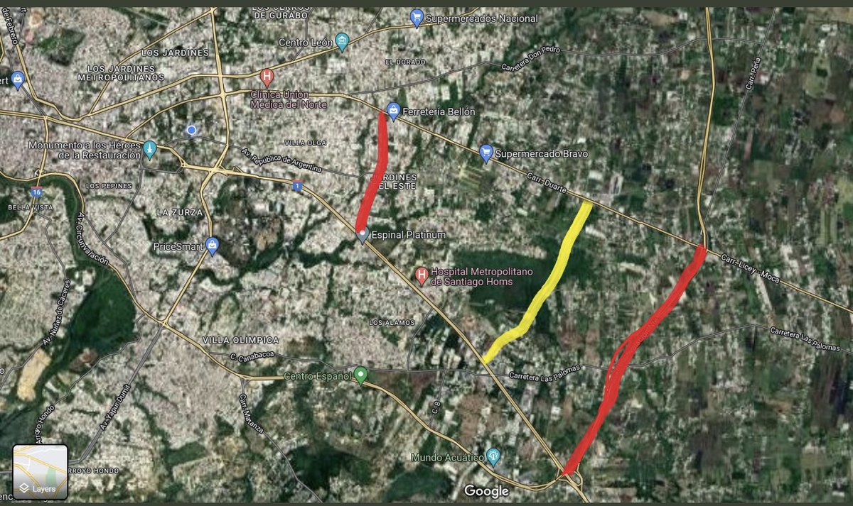 Santiago necesita otra vía importante en dirección norte-sur desde Aut.
Duarte hasta Carr. Duarte como la Rafael Vidal y la Circunvalación Norte ambas en rojo. Esta vía pudiera lograrse por el trazado marcado en amarillo entrando por el KM 9 por la Fortaleza/Hotel Cibao/Homs.