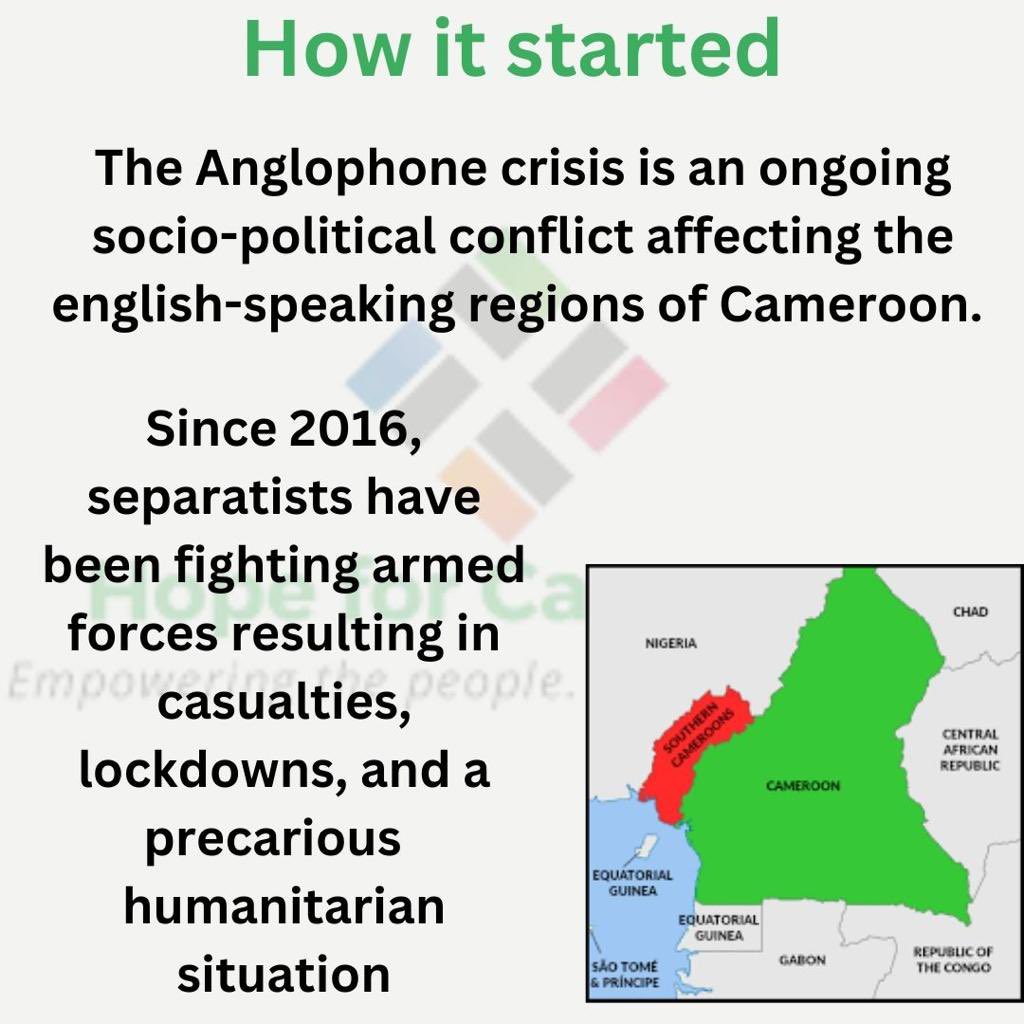 HopeForCameroon's tweet photo. Ever wanted to know more about the Anglophone crisis in Cameroon? How it started and how it has impacted the lives of many in the country? If that is the case we have made this thread for you. 

You can take action and help in many ways:
1. By liking and resharing https://t.co/ebR5WW1Won