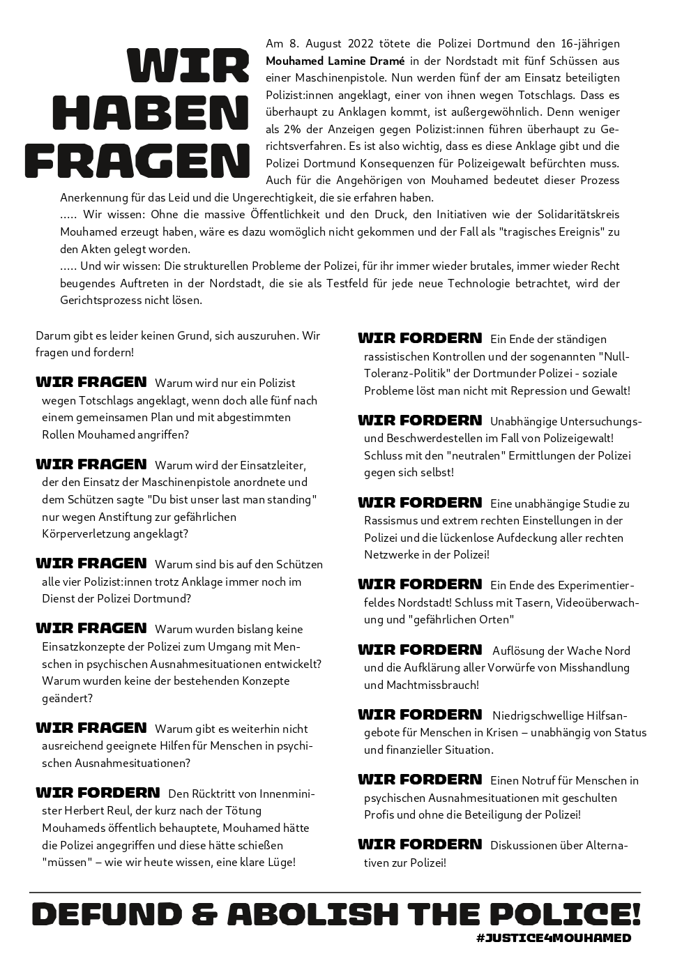 Flyer zur Anklageerhebung gegen die Polizist*innen, die den 16jährigen Mouhamed Lamine Dramé in Dortmund erschossen haben: Wir haben Fragen!