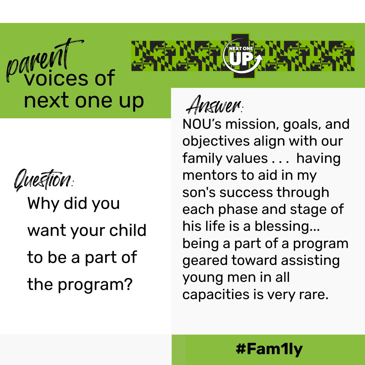Today we’re highlighting parents in our new series ‘voices of Next One Up’. NOU families, we want to hear from you! Let us know why you chose NOU for your son in the comments below! 💚🖤💚 #Fam1ly, #NOU, #Mentoring #Baltimore