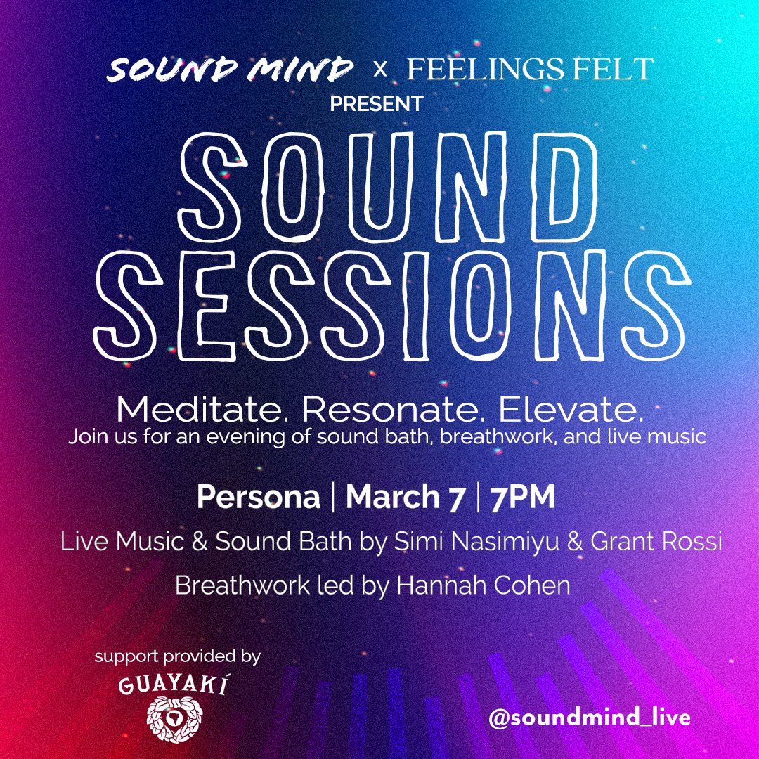 soundmind_live's tweet photo. We’re back with the first 𝗦𝗼𝘂𝗻𝗱 𝗦𝗲𝘀𝘀𝗶𝗼𝗻𝘀 of 2023 on March 7! This time @persona_nyc will host us as we ground ourselves in connection with self and community.

RSVP: https://t.co/KzJ1MVehTY

Sound Sessions is supported by our partner @Guayaki https://t.co/snVw5ZEjXv
