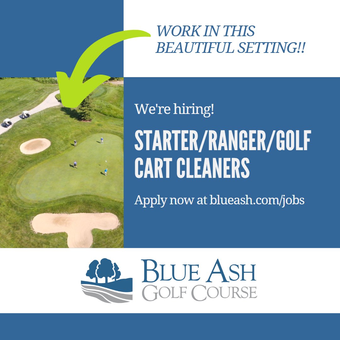 Work at the stunning Blue Ash Golf Course and Cooper Creek Event Center! Learn more about these open positions - Starter/Ranger/Golf Cart Cleaners, Wait Staff, and Beverage Cart Attendants at blueash.com/jobs!