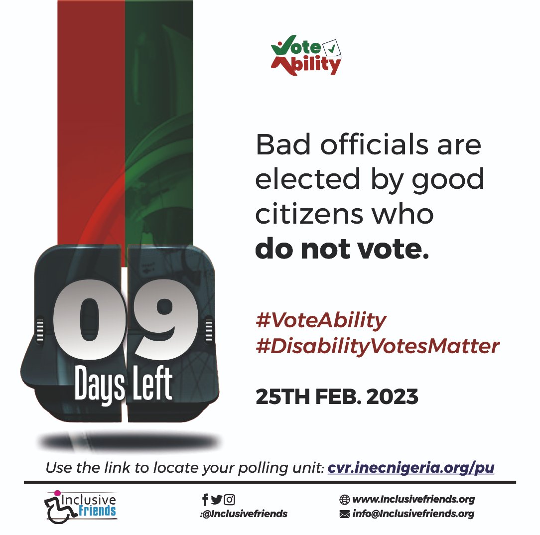 inclusivefrnds's tweet photo. In this coming election, your vote will count. Mobilize your friends and accomplices to participate. Bad leaders are elected by good citizens who do not vote.
Get_Ready_To_Vote!
#DisabilityVotesMatter
#VoteAbility
Presidency | #NairaScarcity | #Oshodi https://t.co/oFIUxMSx1v