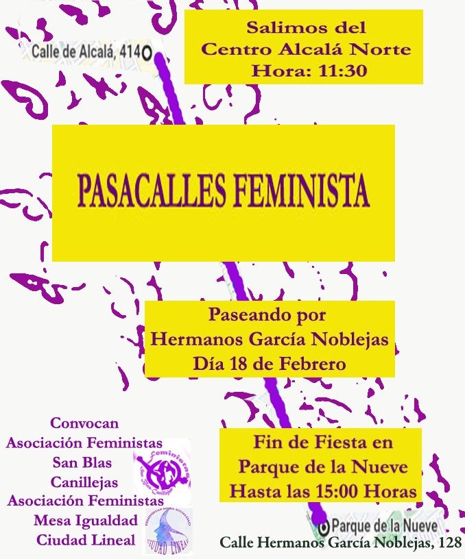 📢👏El sábado jornada de fiesta y reivindicación de nuestros derechos de la mano del movimiento feminista de Ciudad Lineal y San Blas. ¡Acompáñanos!