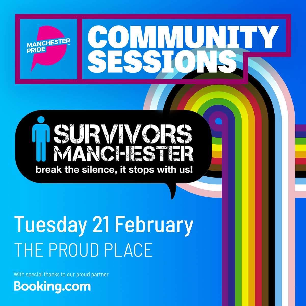 ManchesterPride's tweet photo. Manchester Pride Community Sessions aim to spotlight grassroots organisations that support intersectional LGBTQ+ communities ✨

Join us at our next session on Tue 21st Feb as we platform the incredible work of @SurvivorsMcr 💙

Grab your FREE ticket here: https://t.co/FgFio2X8Bp https://t.co/oOtvOkZYbc