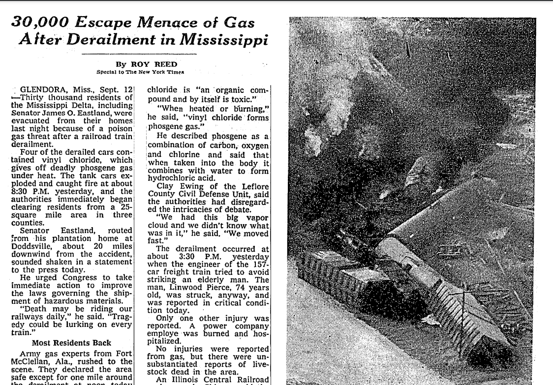 Out of curiosity, I scanned the NYT archives. Town-clearing vinyl chloride train derailments were freq in the 60s, 70s, &amp; 80s ⬇️

This was the same time that scientists were becoming aware of the cancer risks of VCM and the industrial lobby was gearing up to fight new regs.