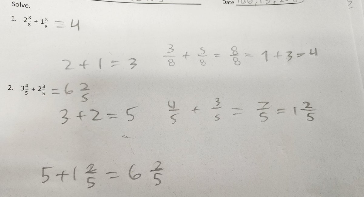 MsRice_CMES's tweet photo. Shoutout to @CMartinez_HISD 4th graders on today's exit ticket. Thank you for using your strategy. Eureka Math Adding Mixed Numbers @sdgilford @HISD_ElemMath https://t.co/IsLric66rz
