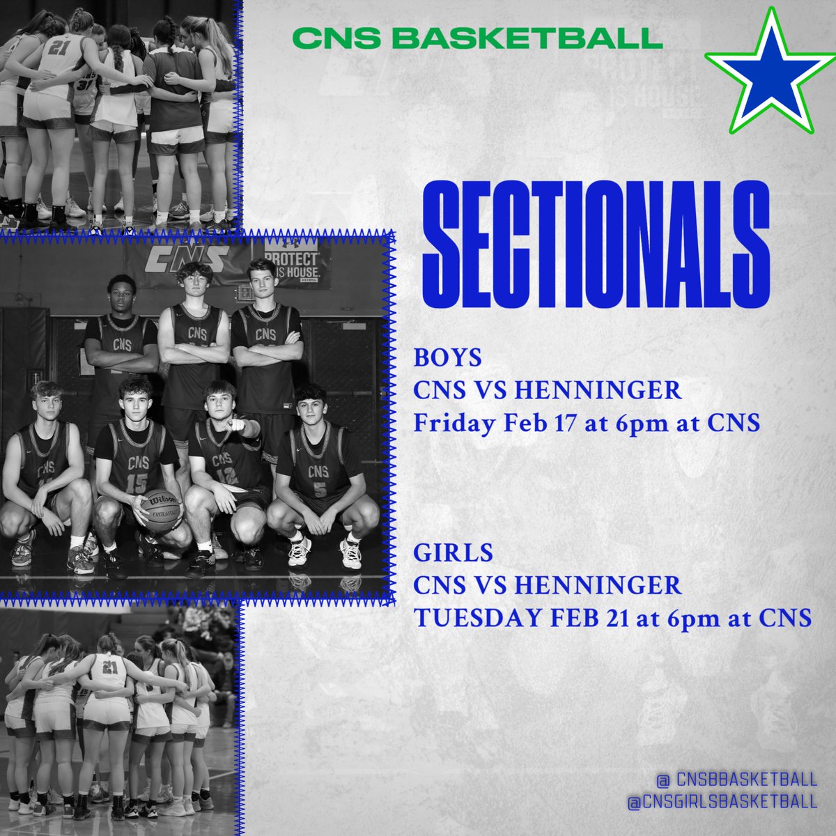 BRACKETS ARE IN
Girls and Boys Sectional Basketball Games
Boys Friday at 6pm
Girls Next Tuesday at 6pm 
Both at CNS 

Tickets: 
 events.ticketspicket.com/agency/77c4c13…