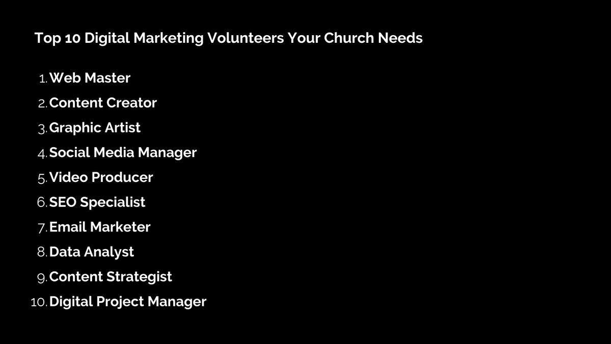 Top 10 Digital Marketing Volunteers Your Church Needs

Read more here bit.ly/3K8mxs2

#DigitalMarketing #Church #ChurchMarketing
#OnlineMarketing
#ChurchDigitalMarketing
#DigitalOutreach #ChurchCommunity
#churchTech #MarketingVolunteers
#ChristianVolunteers