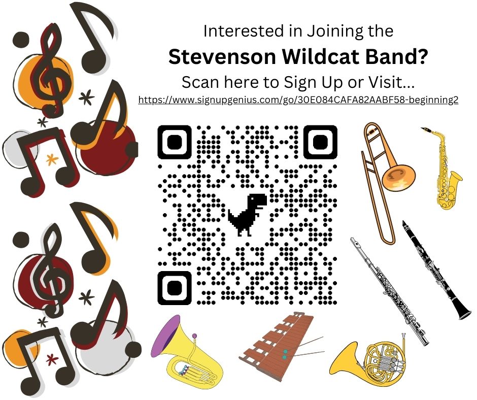 Is your child interested in Joining the Stevenson Wildcat Band? Sign up at the link below to help your child determine which instrument best suits them and get info about our band program and what supplies are needed. Playing an instrument can be fun! signupgenius.com/go/30E084CAFA8…