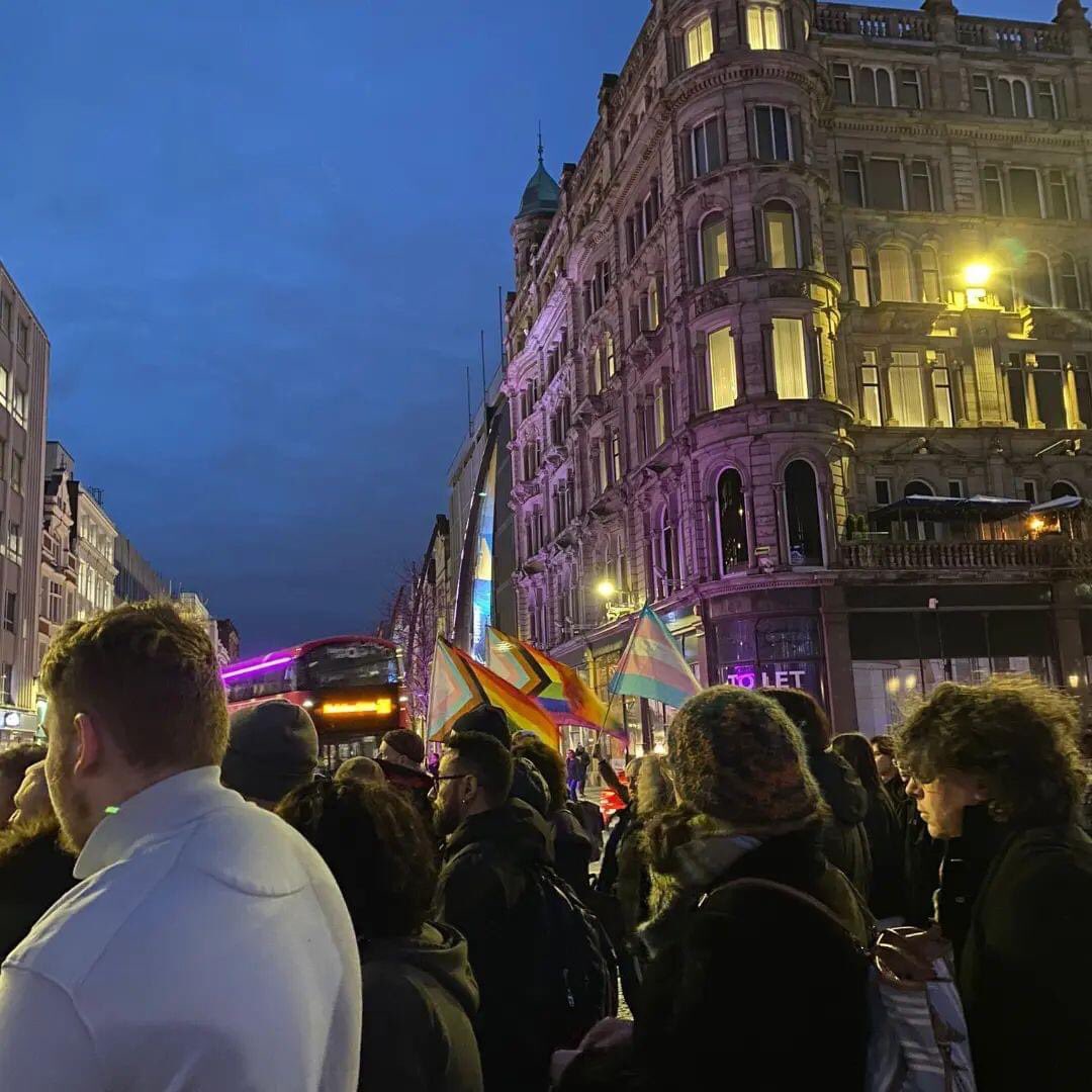 1977susan's tweet photo. This is Belfast tonight, turning out in solidarity for Brianna Ghey and for all trans people. As one of the speakers pointed out - “when we warned that there would be serious consequences to the transphobia being pushed by the Tories and the media - this is what we meant” https://t.co/LH3BHcgL2w