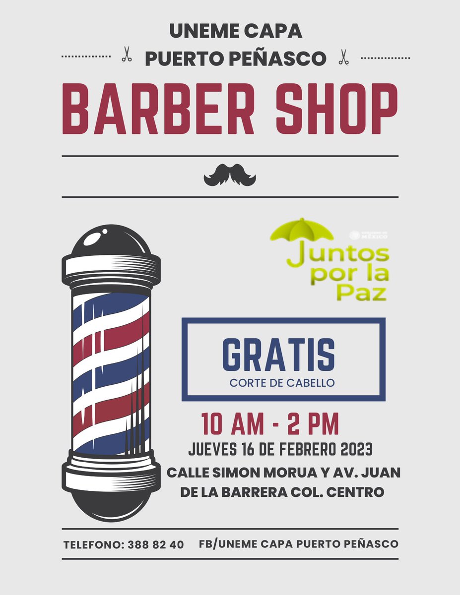 CECOSAMAPTOPCO's tweet photo. Acompáñanos el día de mañana, contaremos con el servicio de Barber Shop totalmente GRATIS! en las instalaciones de Uneme CAPA a un costado del Centro de Salud. 
#CONADIC #JuntosPorLaPaz #CapaSonora #CapaPtoPco #BarbarShop Uneme Capa Sonora https://t.co/l3OBvLi7hE
