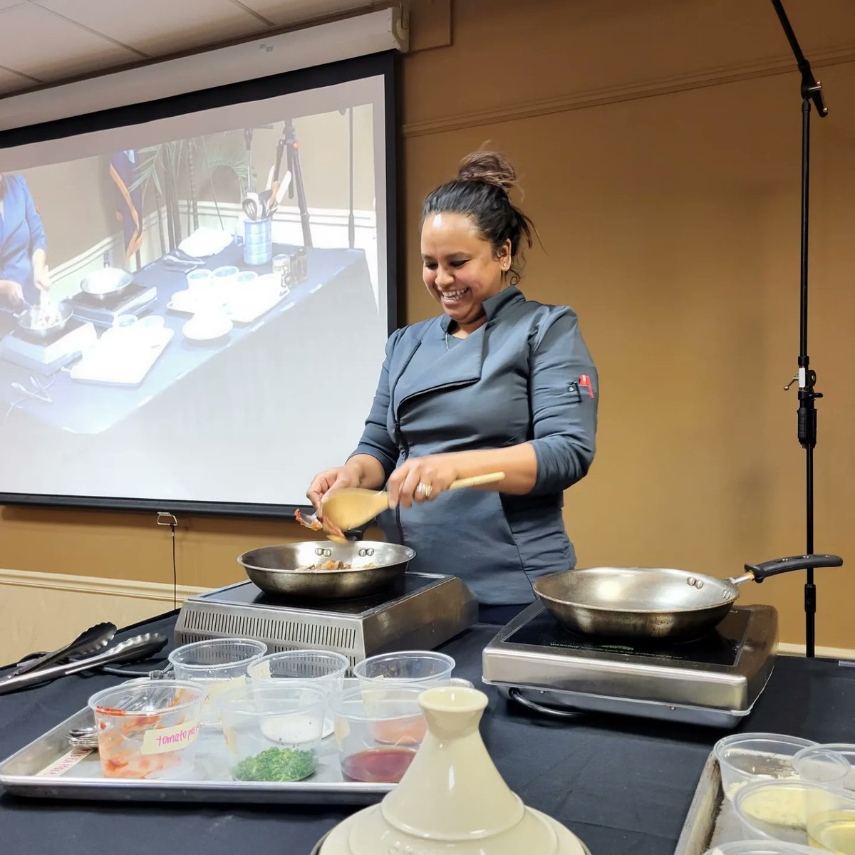 SUNYSchenectady's tweet photo. Fantastic demo today by Guest Chef Aneesa Waheed, Owner of @tarakitchen_! She demonstrated dishes from her new cookbook, Easy #MoroccanCooking. Students in our School of Hotel, #Culinary Arts & Tourism prepared/served delicious samples of the cuisine & desserts.#SUNYSchenectady https://t.co/px9hkHfafs