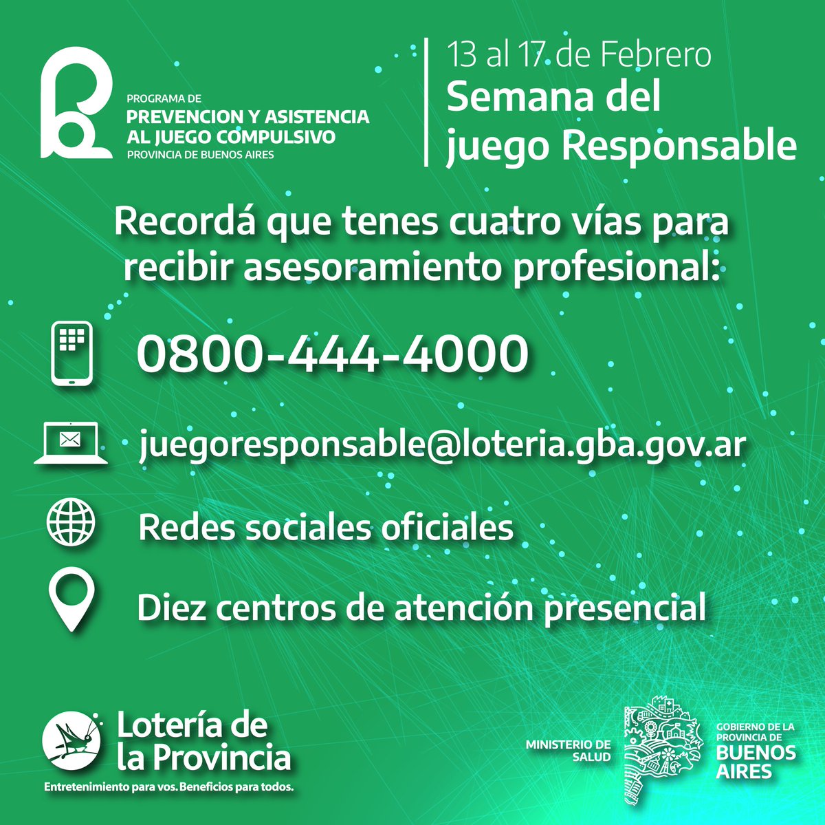 JResponsableBA's tweet image. ✅ Semana del Juego Responsable.

✳ @LoteriaBA y el Programa adhieren al lema:Luz verde al Juego Responsable. Ser Responsable es parte del juego.

✔ Durante toda la semana se realizan acciones para concientizar sobre la importancia de la #SaludMental.

Estamos para ayudarte🙌