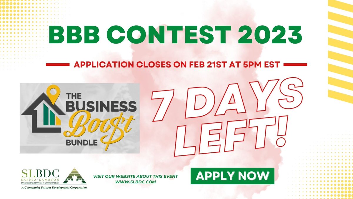 SLBDCteam's tweet photo. Hurry! Don't miss out on this opportunity to boost your business with the help of our business experts &amp; get funding support from this event.
We accept Weekends &amp; Monday (Family Day). 
Visit us at https://t.co/VRUuUiLSZn
#sarnialambton #smallbusiness #BusinessContest #slbdc https://t.co/JMLHuq0owj