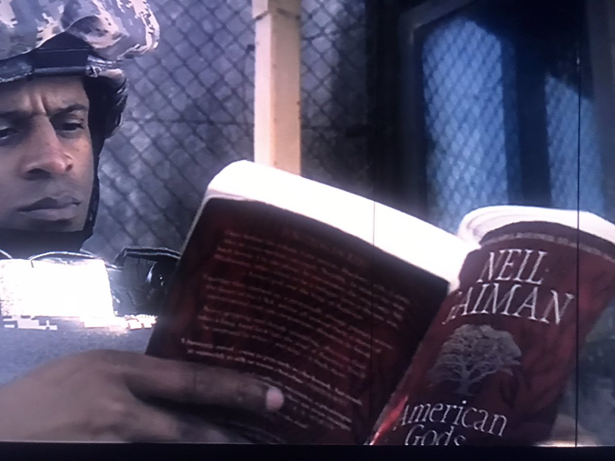 So ok, I’m rewatching #GoodOmens and I saw this and got excited bc lol he’s reading <a href="/neilhimself/">Neil Gaiman</a> 😉👏
Aaaand then I kinda felt like my heart got punched bc it’s #AmericanGods and I cannot handle that it ended where it did💔
Still hoping for a movie at least