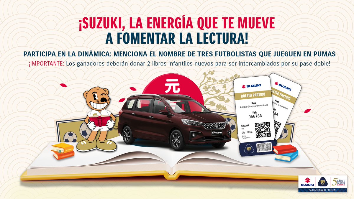 Suzuki_Mex's tweet photo. ¡Compartir la magia de la lectura te lleva al próximo partido de @PumasMx! ⚽️🐾

1️⃣Dale ❤️ y RT
2️⃣Coloca tus respuestas en los comentarios
3️⃣Utiliza los HT #SuzukiCincoAñosJuntos y #LaEnergíaQueTeMueve

➡️Prepara tus 2 📚

Los primeros en seguir los pasos correctamente GANAN 🥳👏 https://t.co/gv4nGchK28