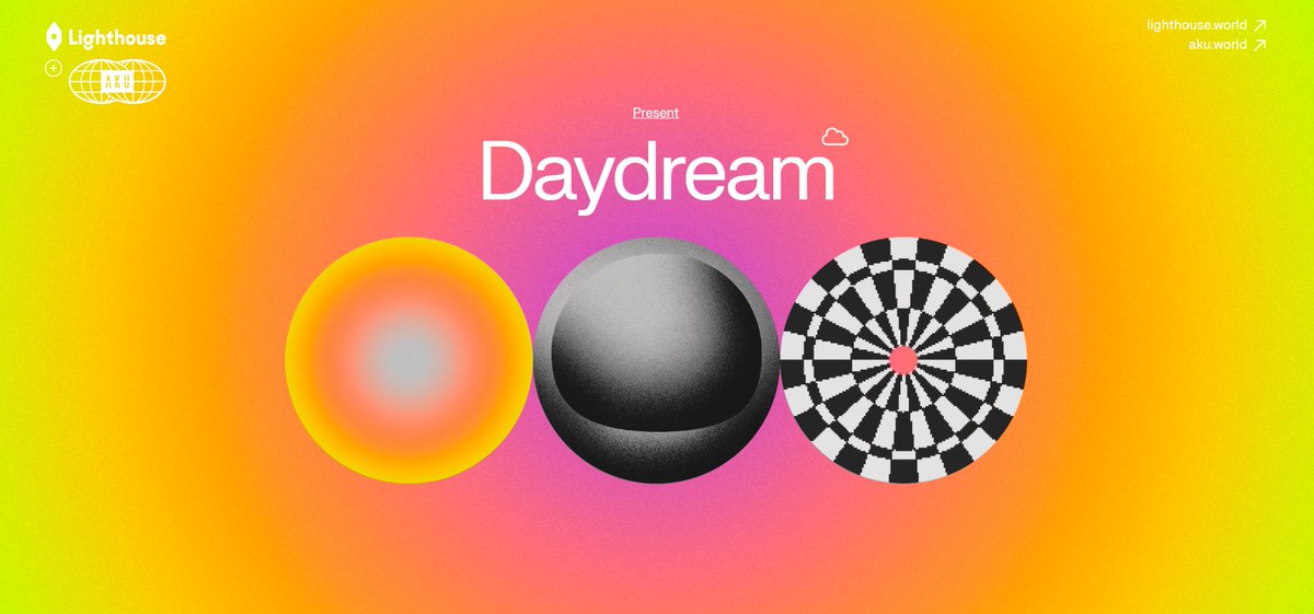 1/ Announcing the release of DAYDREAM, a collab between @akudreams and @lighthouse_wrld featuring cross-world scavenger hunts happening in parallel with 2023's largest crypto conferences.

First in-line are <a href="/EthereumDenver/">ETHDenver 🏔🦬🦄</a> &amp; <a href="/nft_paris/">NFT Paris</a> 👀👀