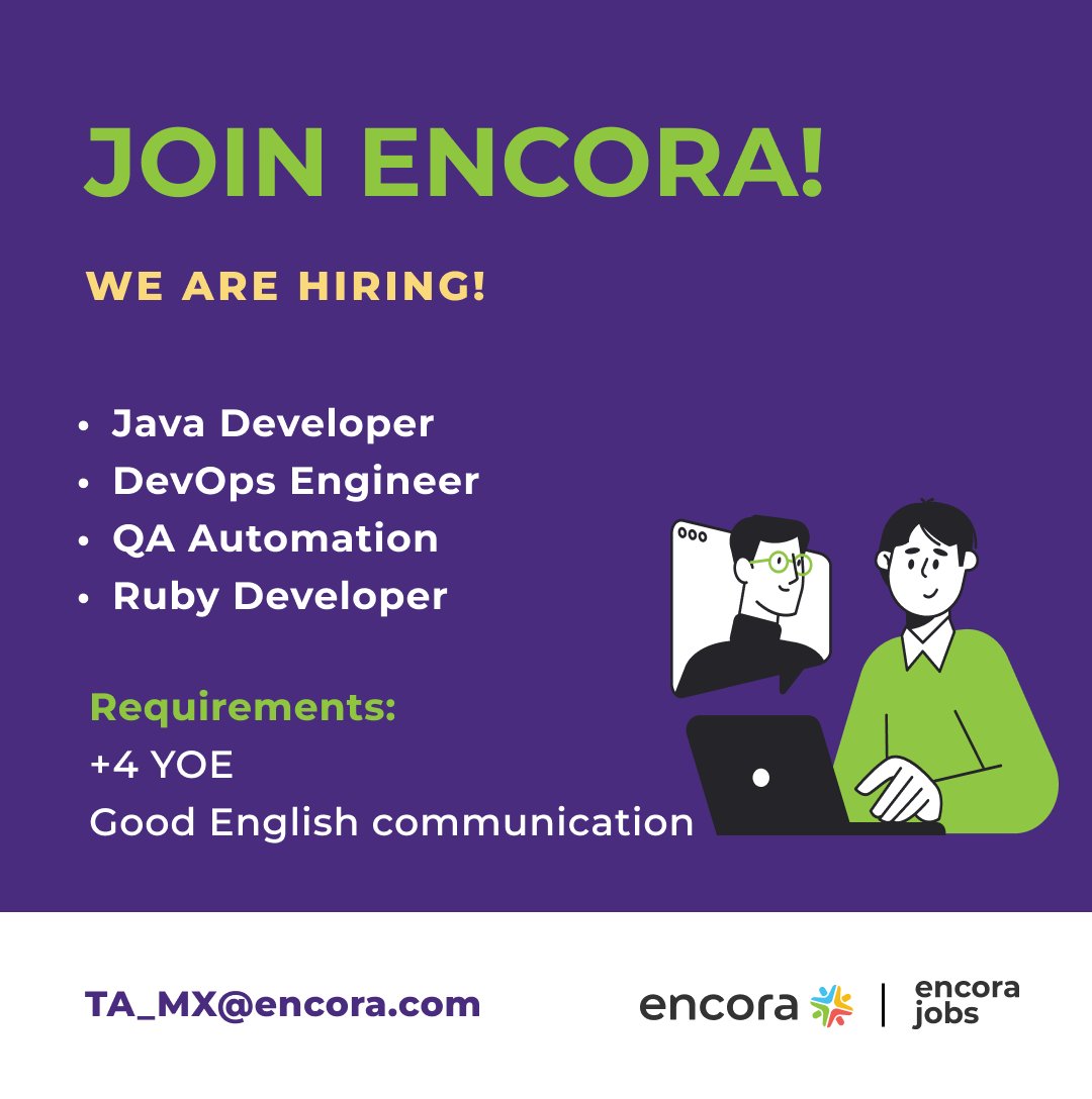 📢 Veo que hay devs buscando nuevas oportunidades laborales y pues yo les diría que apliquen a <a href="/encorajobs/">Encora Jobs</a> tenemos algunas vacantes en México que les pueden interesar.

Si no ven su tecnología ahí listada pueden acercarse y preguntar 

#Encora #GreatPlaceToWork