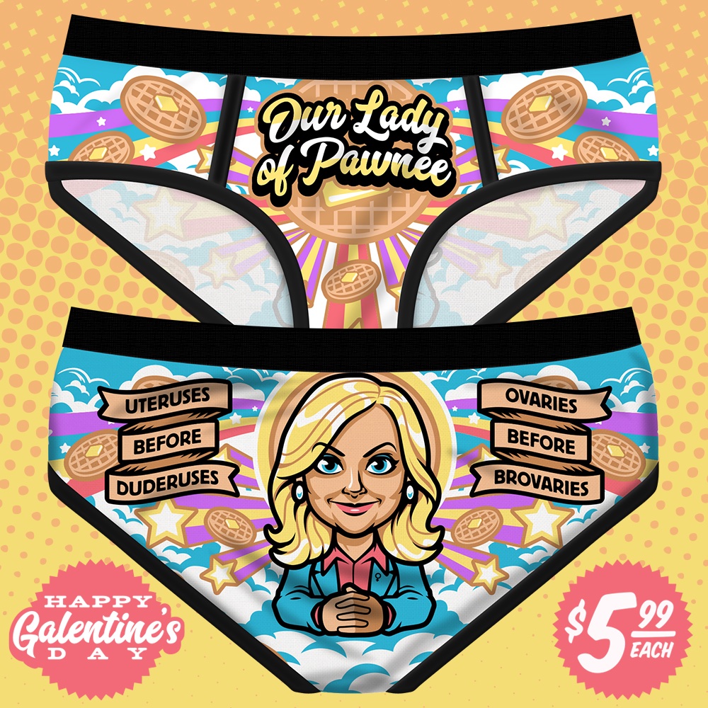 Galentine's Day was a couple of days ago but that doesn't mean you can't treat yo self to some $5.99 panties.  (Disclaimer: Panties do not smell like JJ's waffles- please stop asking) #parksandrec

harebraineddesign.com/collections/pu…