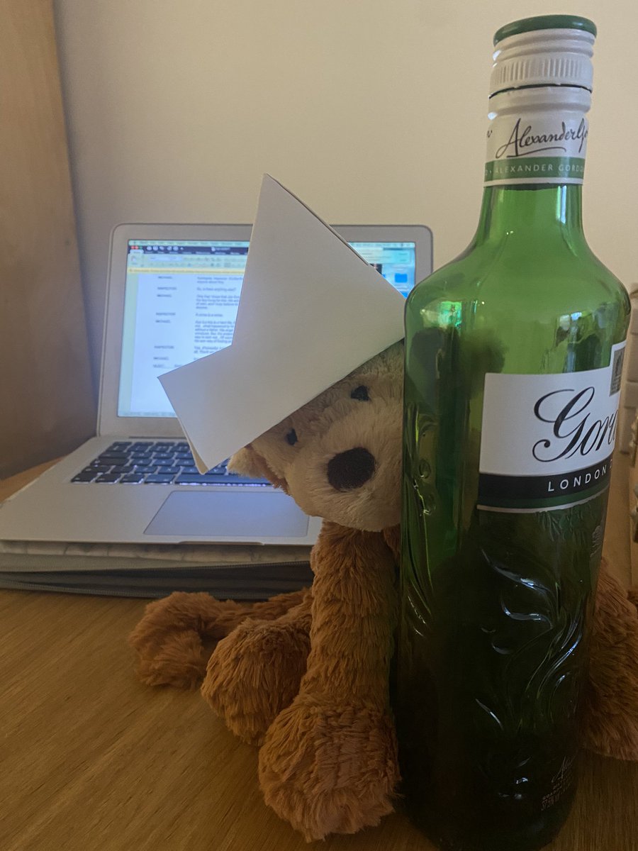AllySedgwick's tweet photo. While @Abigailnina and myself are basking in the joy of finishing this draft of our maritime radio drama, Captain Anton is hitting the bottle (he has been working very hard). https://t.co/axTXBlSBv3