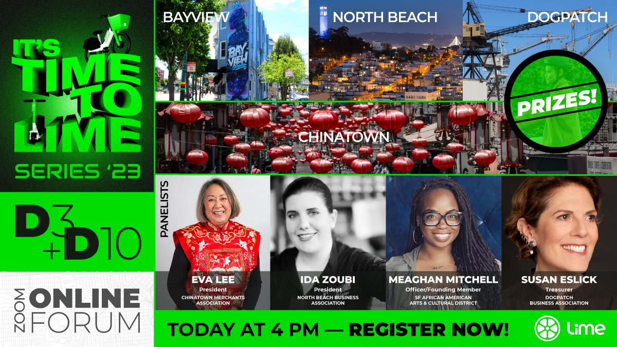 NEXTSF1's tweet photo. TODAY AT 4PM! 

@limebike presents IT’S TIME TO LIME! Join our Online Forum, as we celebrate San Francisco’s rich and vibrant D3 and D10 neighborhoods and their values of diversity, equity, and inclusion!

REGISTER NOW:
https://t.co/o9U2bfvcpF https://t.co/U0Jl2mSZBn