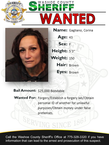 WashoeSheriff's tweet photo. ***PLEASE SHARE*** WARRANT WEDNESDAY SUSPECT: GAGLIANO, CORINA.
Please don't take any police action yourself. 
If you have information about the whereabouts of this or other featured wanted individuals, contact the Sheriff’s Office or law enforcement. 
Thank you for your support! https://t.co/ix0BUuif6z