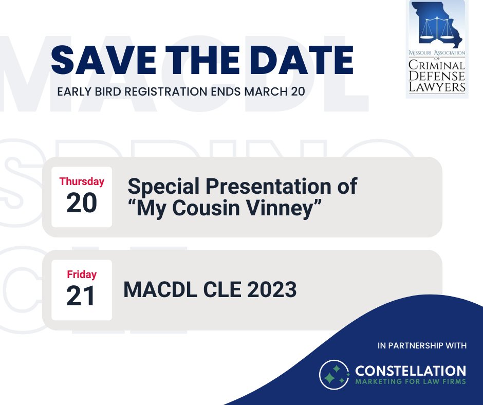 MoACDL's tweet photo. Join us for "Why Are We Defense Attorneys and Why We Still Do This" Date: April 20-21st 2023. Location: Hollywood Casino Maryland Heights, Missouri 
Claim your seat today: https://t.co/nS4tNAOCJw https://t.co/FhfCNjjzBW