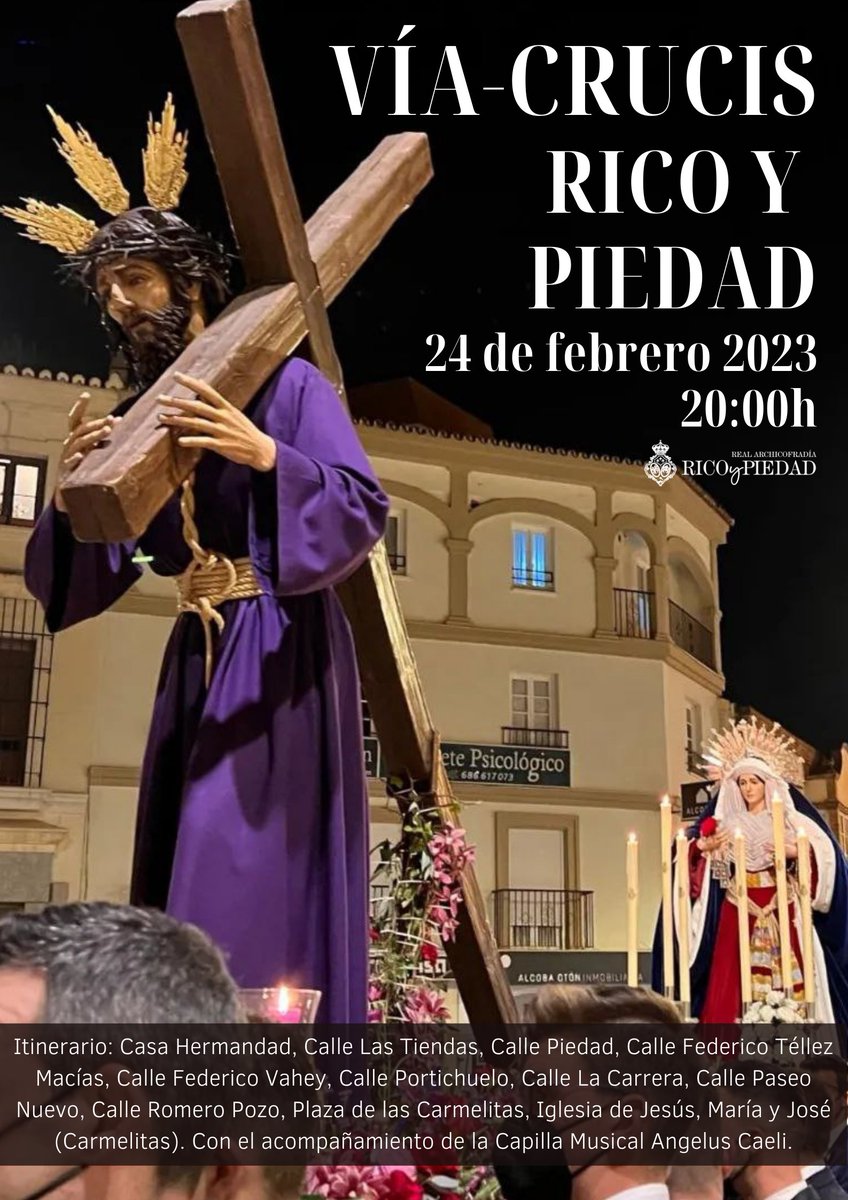 🟣🟡 [SOLEMNE VIA-CRUCIS] ✝️ El próximo viernes 24 de febrero a las 20:00h tendrá lugar el Solemne Traslado en Vía-Crucis de Ntro. Padre Jesús Nazareno "El Rico" y María Stma. de la Piedad #CofradiasVM #SSantaVelez23
