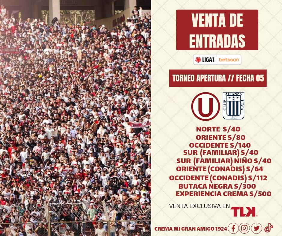 iATENCIÓN! Estos son los precios de entradas para el partido de Universitario y Alianza Lima, que se disputará este domingo 19 de febrero en el Estadio Monumental. #SociosCremas (martes 14) #SociosAdherentes (miércoles 15 y jueves 16) #General (viernes 17). 💛❤️✔️