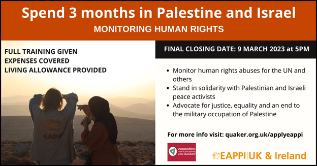 URCPublicIssues's tweet photo. Would you like to spend 3 months in Palestine and Israel in 2024 monitoring human rights? The Ecumenical Accompaniment Programme in Israel and Palestine is recruiting. The @UnitedReformed Church is an EAPPI UK &amp; Ireland @eappiukireland partner. Details at: https://t.co/oO9sjMM2vS https://t.co/zZqVAWSIcu