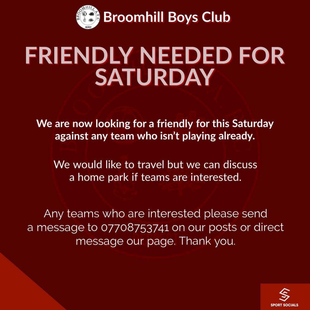 ⚽️ | 𝐅𝐑𝐈𝐄𝐍𝐃𝐋𝐘 𝐍𝐄𝐄𝐃𝐄𝐃
We are now in need of a friendly for this weekend. We would prefer a match on the Saturday but can discuss other days if teams are interested.