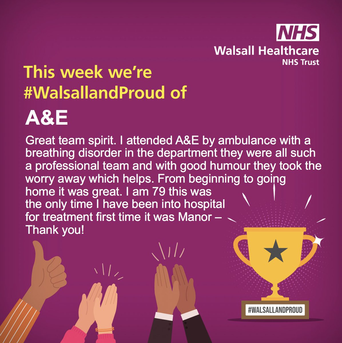 Walsall Healthcare (@walsallhcarenhs) on Twitter photo This week we are #WalsallandProud of A&E!
Great work guys! If you would like to nominate a team or colleague, let us know - wht.communications@nhs.net This week we are #WalsallandProud of A&E!
Great work guys! If you would like to nominate a team or colleague, let us know - wht.communications@nhs.net