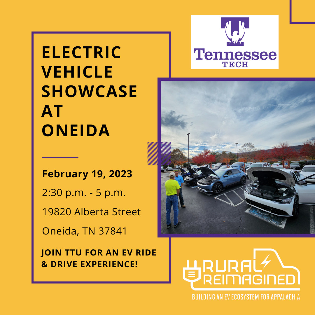 DriveElectricTN's tweet photo. Join Tennessee Tech University for an #EV Ride &amp; Drive event that will come to the parking lot in between McDonald's and El Rey Azteca in Oneida, TN on Sunday, February 19 from 2:30 p.m. – 5 p.m. 

https://t.co/cbiSOIjhcZ https://t.co/ia8Z7tDoGO