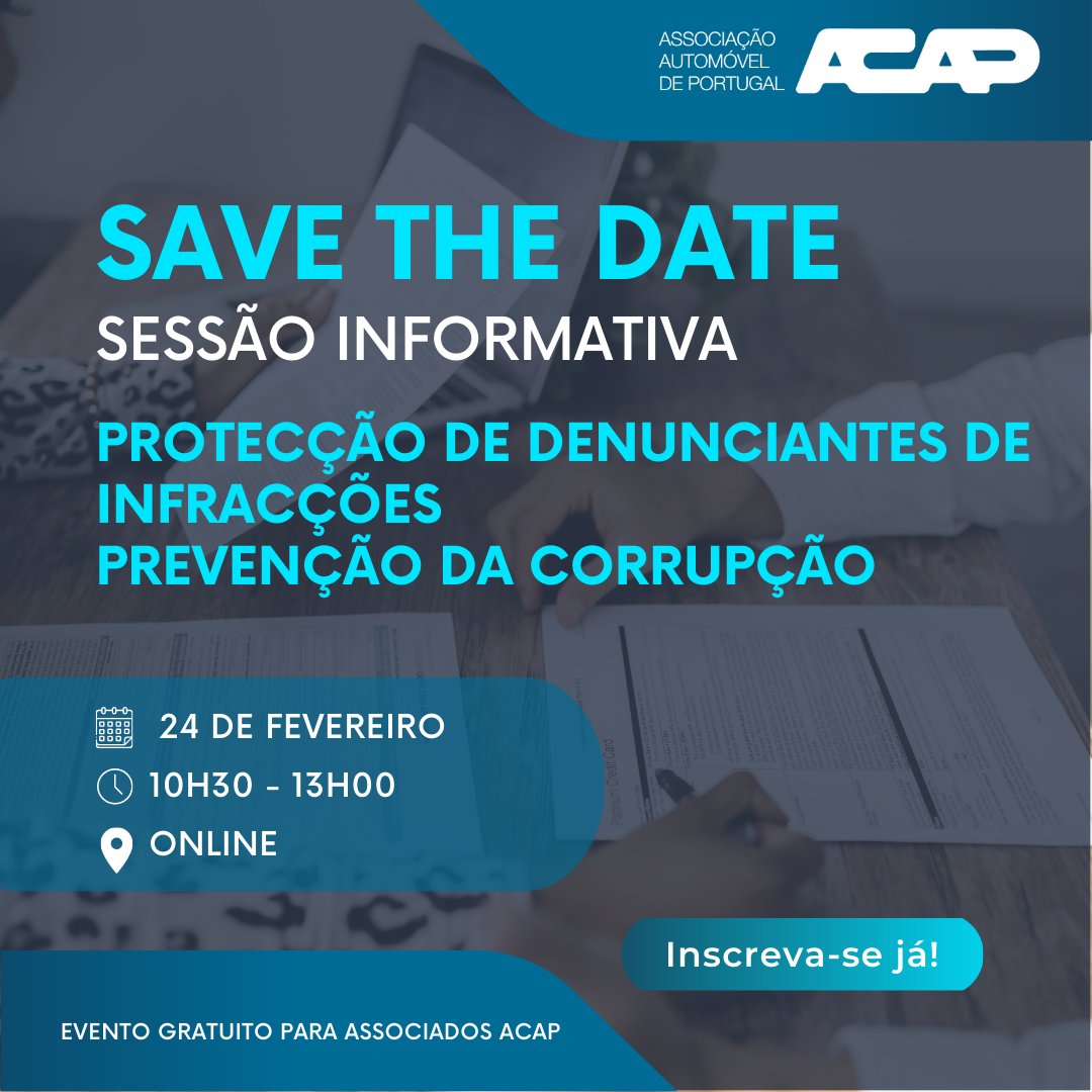 ACAPOficial's tweet photo. ℹ Sessão informativa ACAP Protecção de Denunciantes de infracções e Prevenção da Corrupção
🗓 24 de Fevereiro às 10h30 - online
Evento gratuito para Associados ACAP
✅ Saiba mais e inscreva-se: https://t.co/4Q8mWq3CKV https://t.co/HvzyYDAeR6